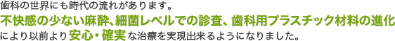 歯科の世界にも時代の流れがあります。不快感の少ない麻酔、細菌レベルでの診査、歯科用プラスチック材料の進化により以前より安心・確実な治療を実現出来るようになりました。