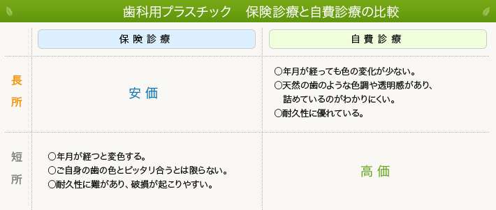 歯科用プラスチック　保険診療と自費診療の比較